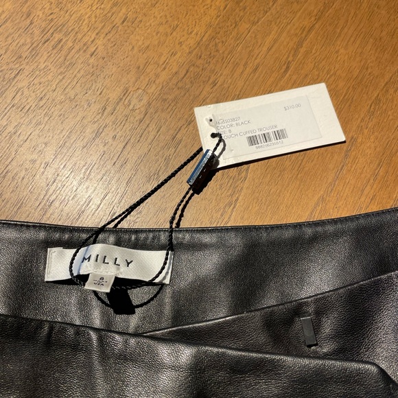 Milly wool cuffed lamb skin leather trimmed trouser, NWT, black size 8 - Picture 4 of 5